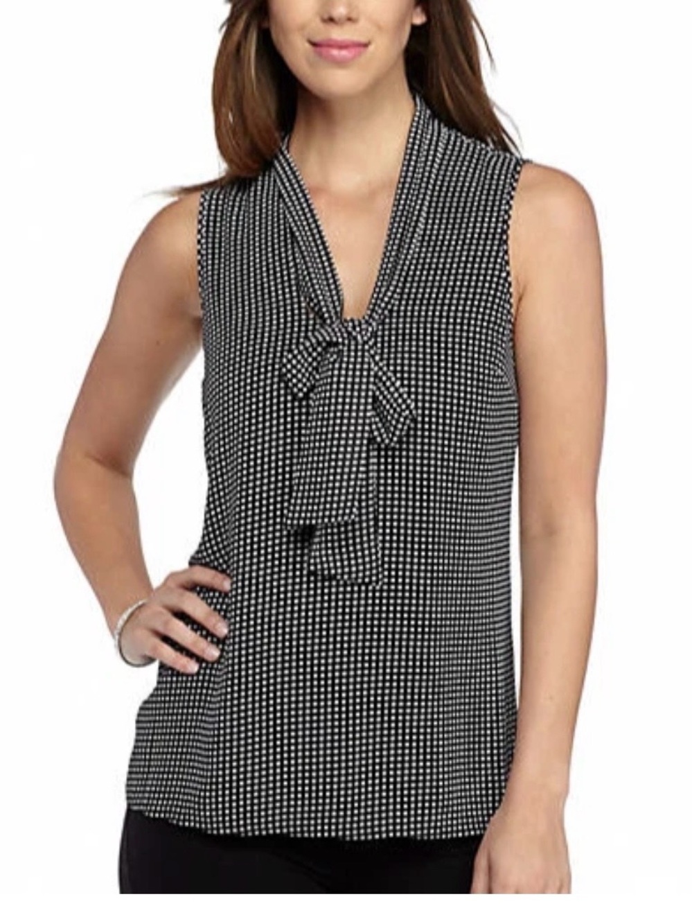 Michael Kors Black and White Sleeveless Tie-Neck Blouse 12